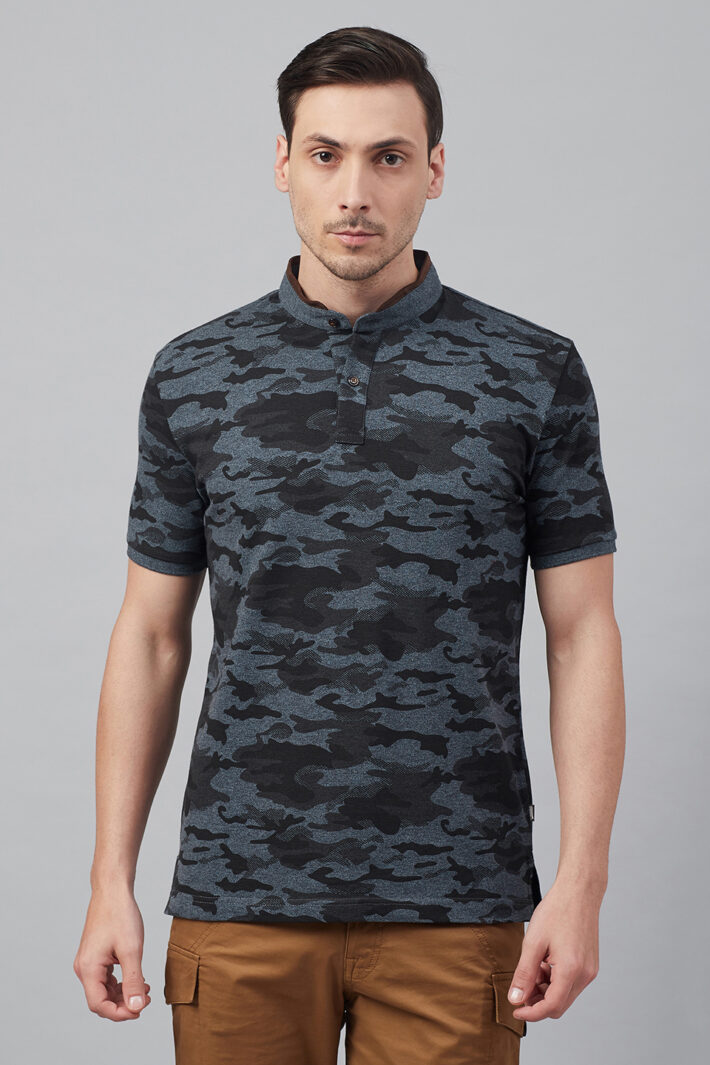 Fahrenheit Military Camouflage Print Stand-Up Collar Polo Shirt