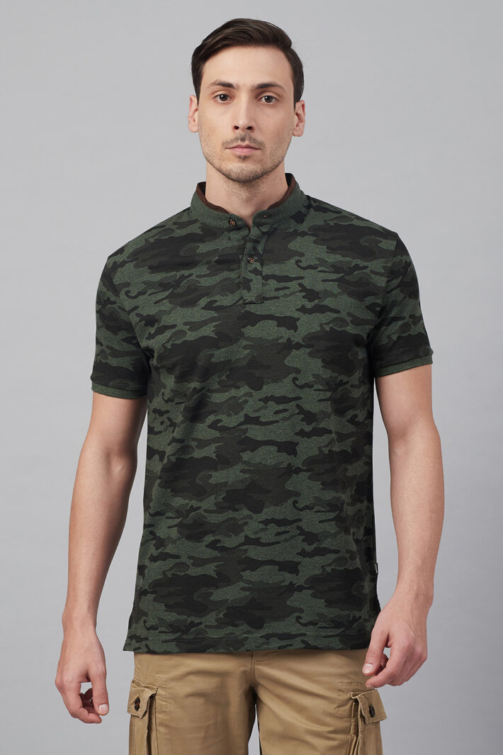 Fahrenheit Military Camouflage Print Stand-Up Collar Polo Shirt