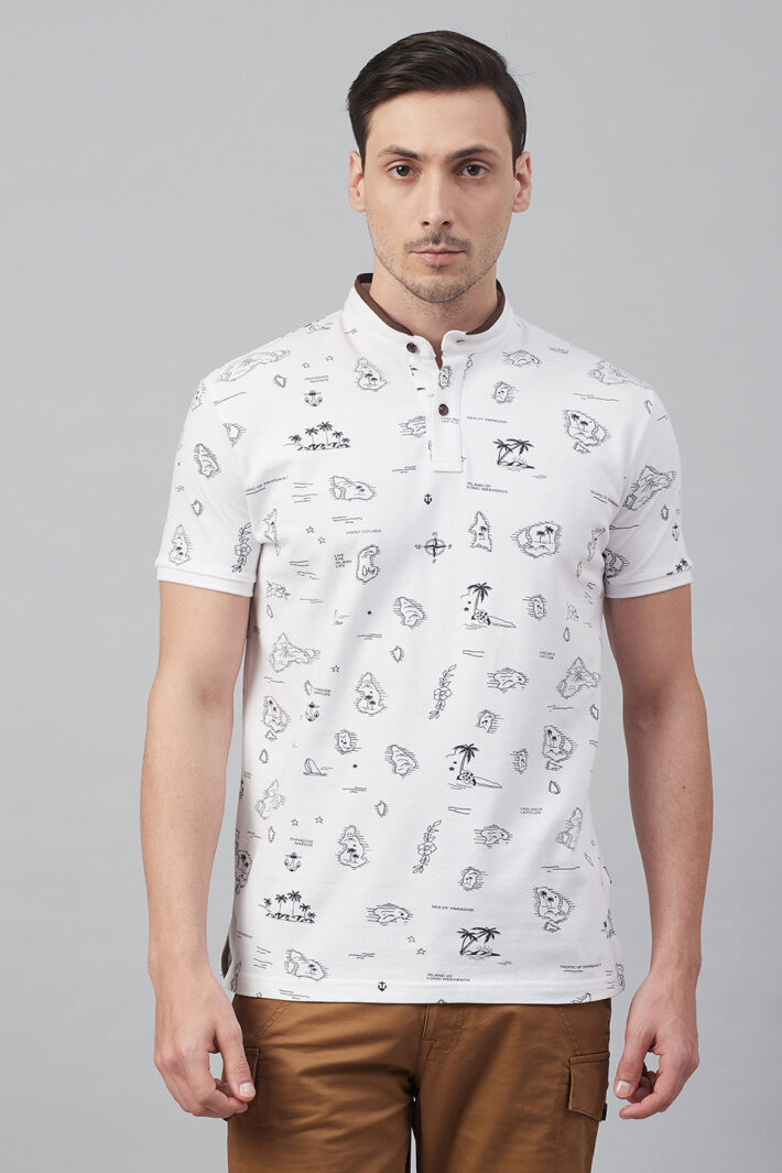 Fahrenheit Tropical Scenic Drive Print Stand-Up Collar Polo Shirt