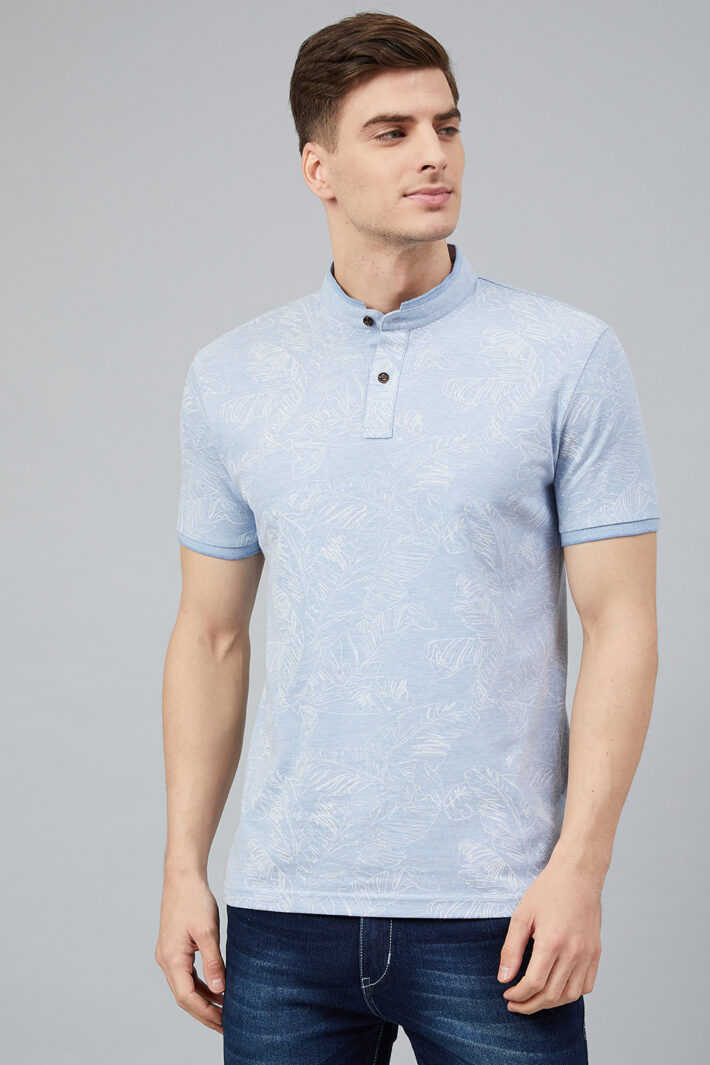 Fahrenheit Palm Leaf Print Stand-Up Collar Polo Shirt