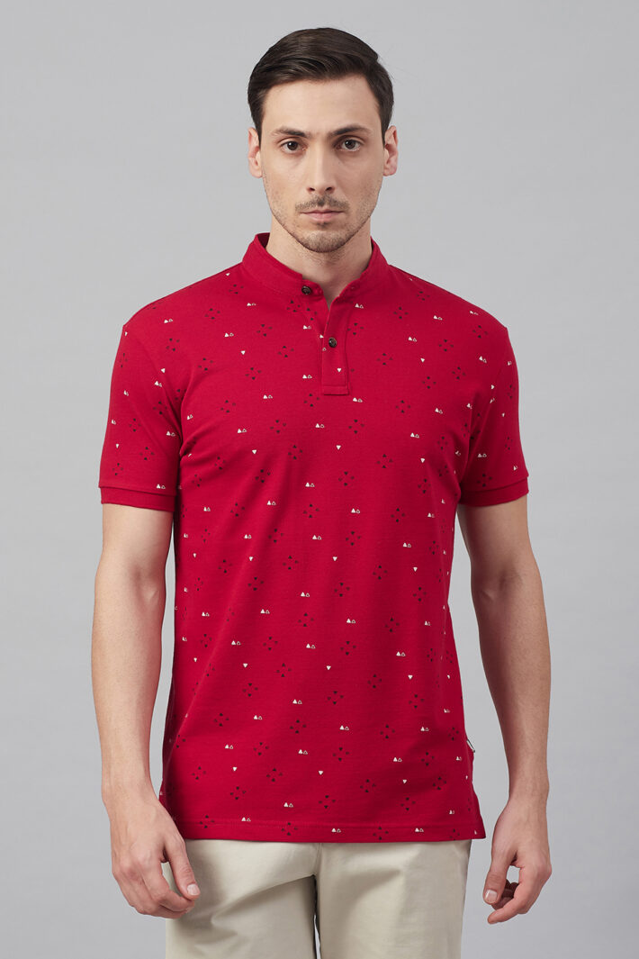 Fahrenheit Geometric Print Stand-Up Collar Polo Shirt Red