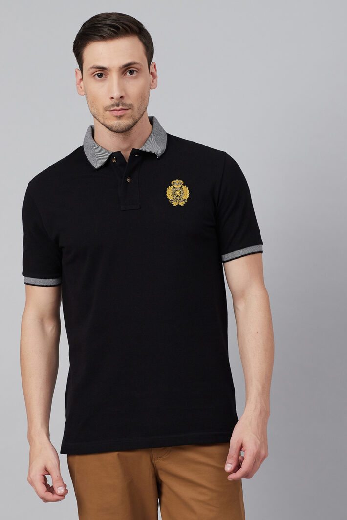 Fahrenheit Solid Polo With Jacquard Collar Black