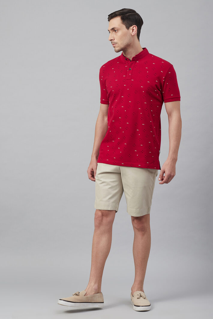 Fahrenheit Geometric Print Stand-Up Collar Polo Shirt Red