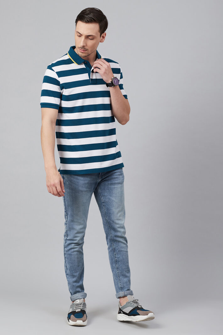 Fahrenheit Stripe Polo With Tipped Collar