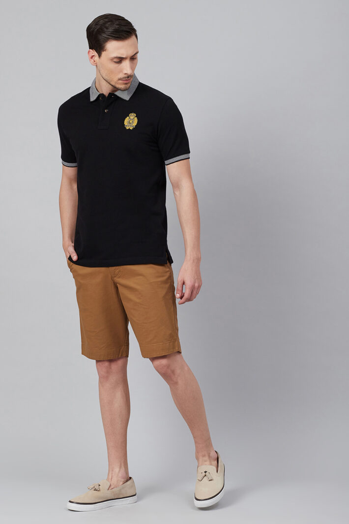 Fahrenheit Solid Polo With Jacquard Collar Black