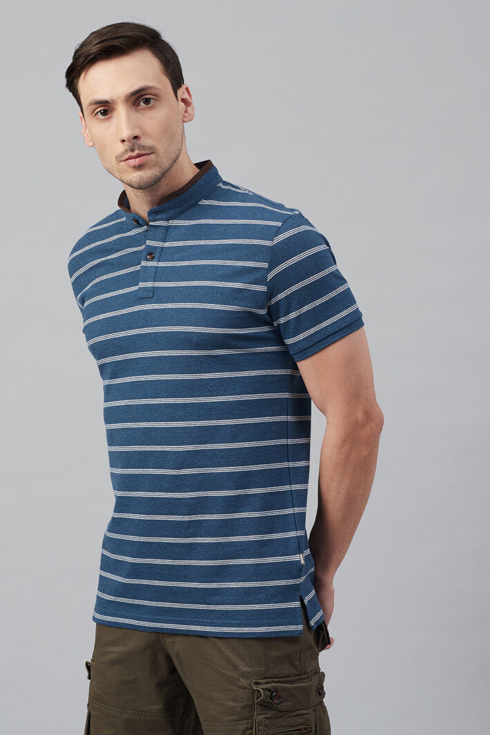 Fahrenheit Multi Feeder Stripes Stand-Up Collar Polo Shirt