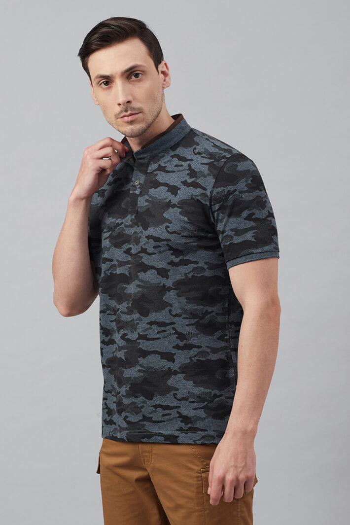 Fahrenheit Military Camouflage Print Stand-Up Collar Polo Shirt