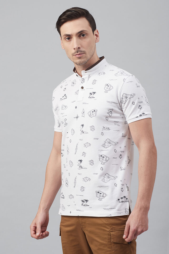 Fahrenheit Tropical Scenic Drive Print Stand-Up Collar Polo Shirt