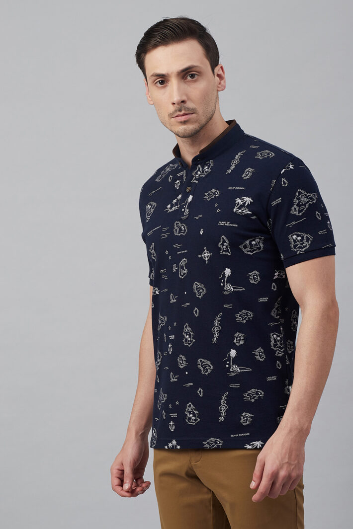 Fahrenheit Tropical Scenic Drive Print Stand-Up Collar Polo Shirt