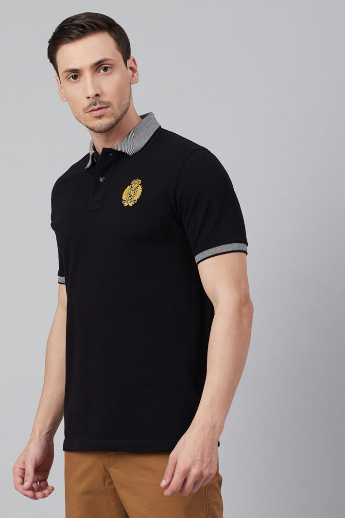 Fahrenheit Solid Polo With Jacquard Collar Black