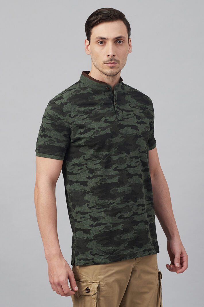 Fahrenheit Military Camouflage Print Stand-Up Collar Polo Shirt