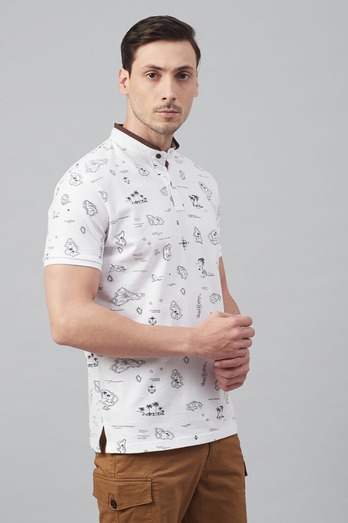 Fahrenheit Tropical Scenic Drive Print Stand-Up Collar Polo Shirt