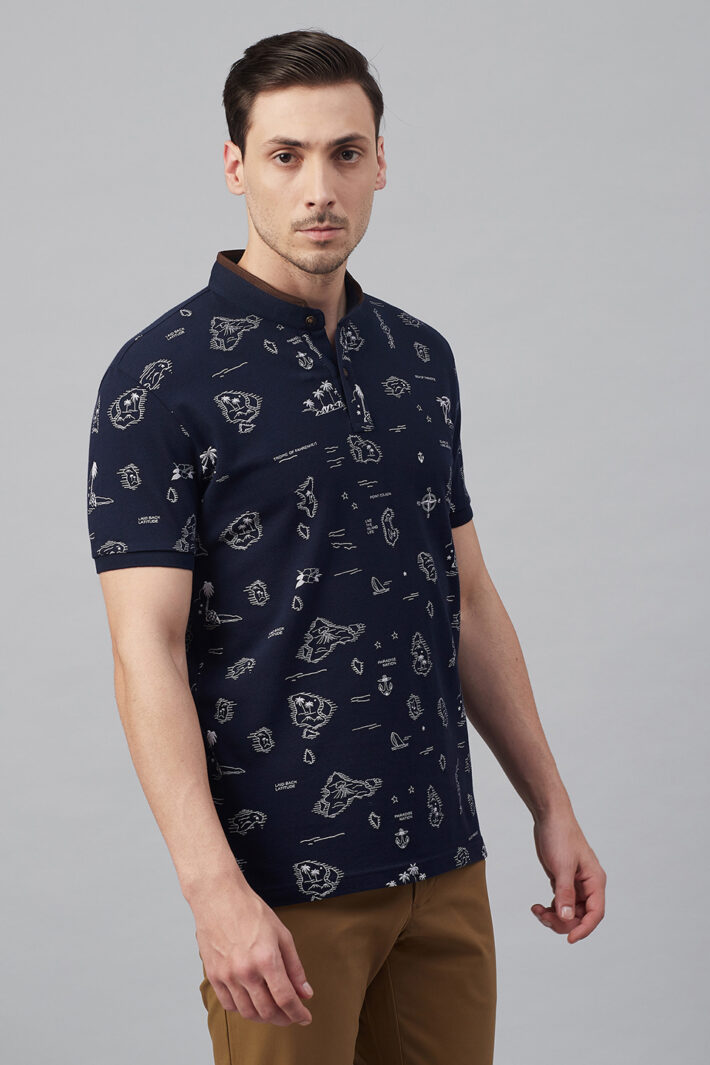 Fahrenheit Tropical Scenic Drive Print Stand-Up Collar Polo Shirt