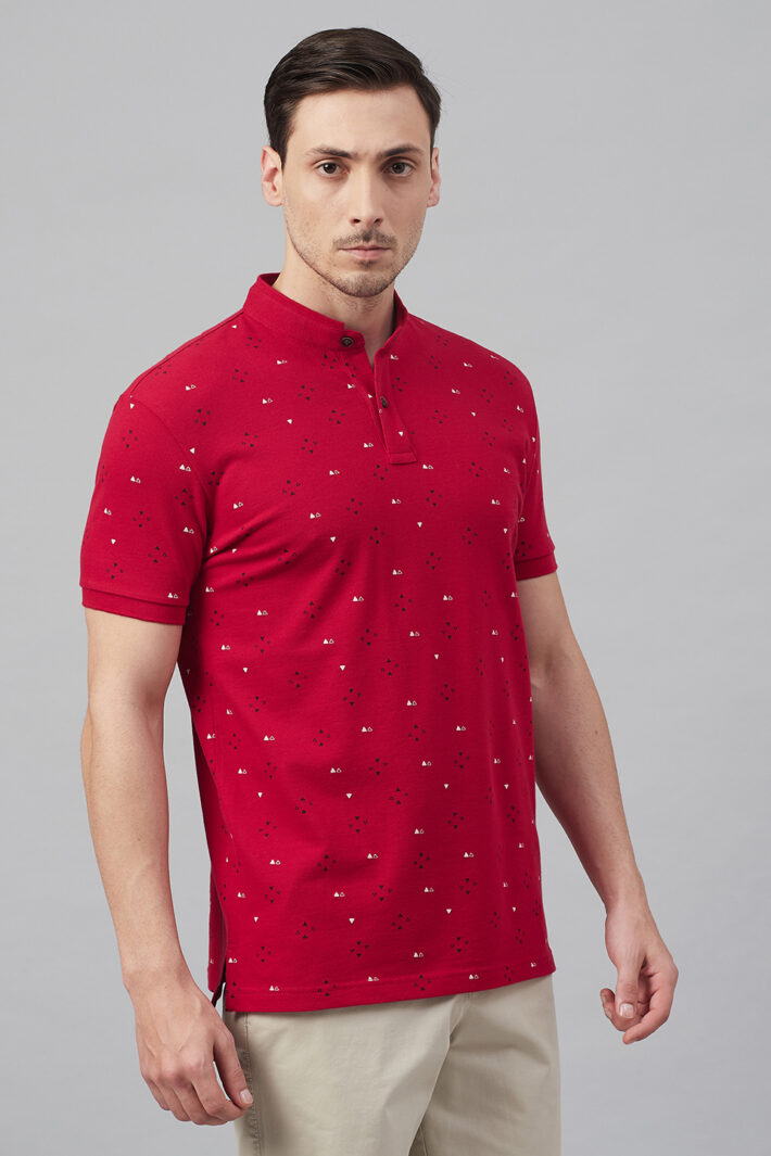 Fahrenheit Geometric Print Stand-Up Collar Polo Shirt Red