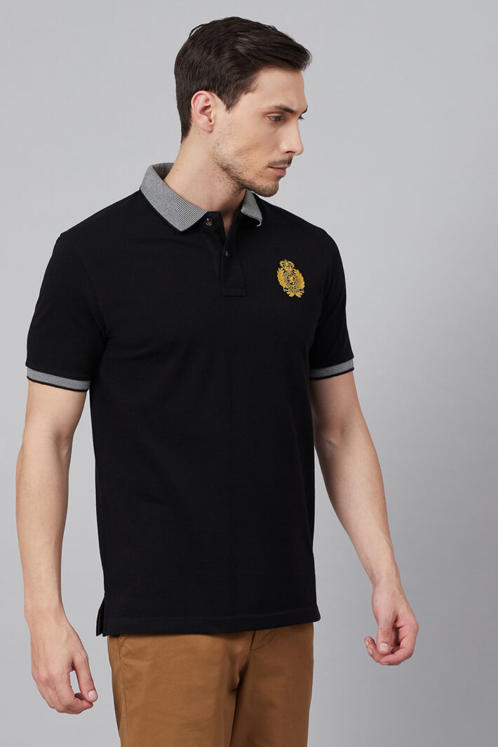 Fahrenheit Solid Polo With Jacquard Collar Black