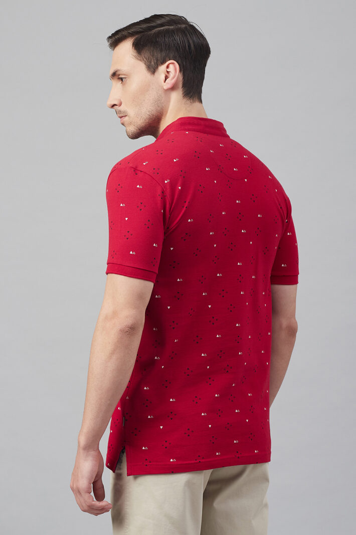 Fahrenheit Geometric Print Stand-Up Collar Polo Shirt Red