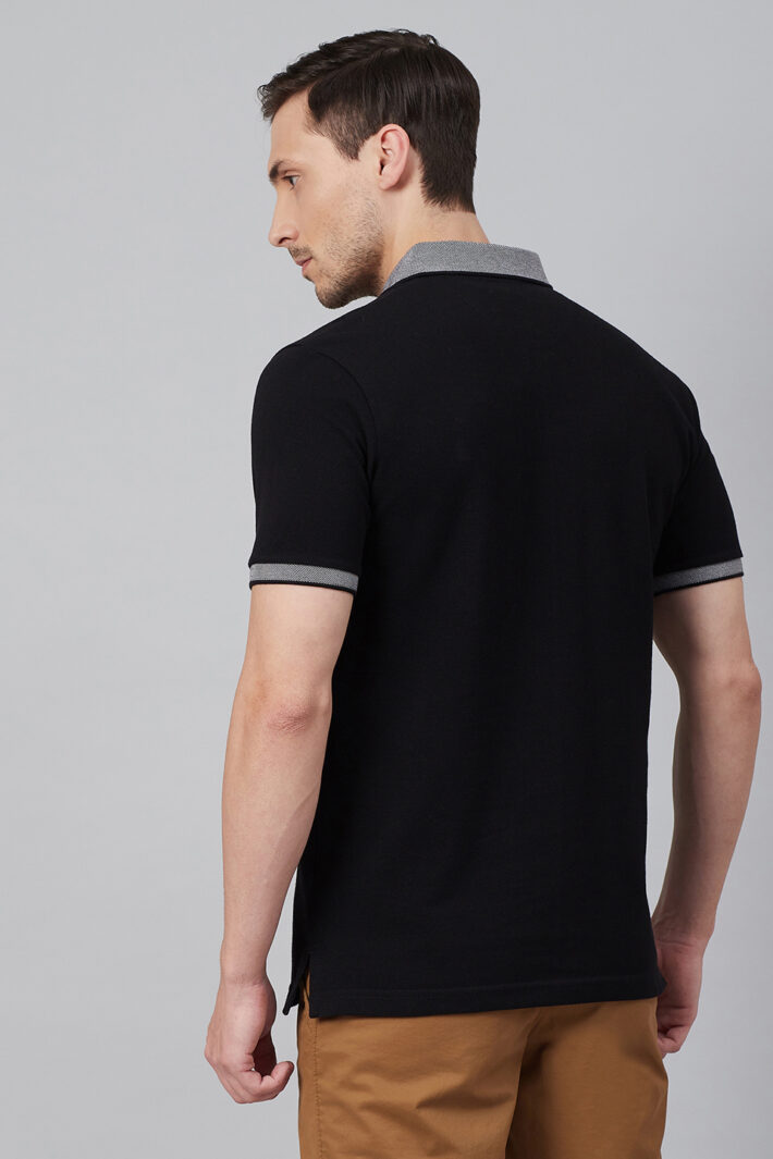 Fahrenheit Solid Polo With Jacquard Collar Black