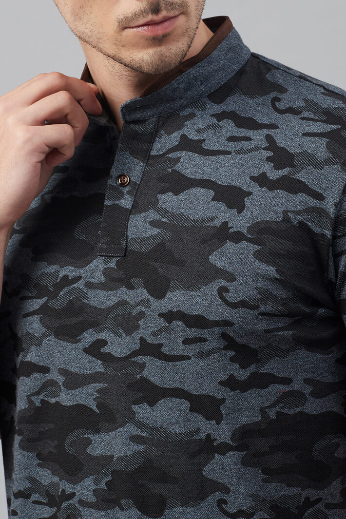 Fahrenheit Military Camouflage Print Stand-Up Collar Polo Shirt