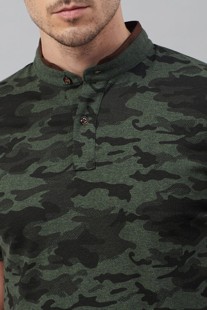 Fahrenheit Military Camouflage Print Stand-Up Collar Polo Shirt