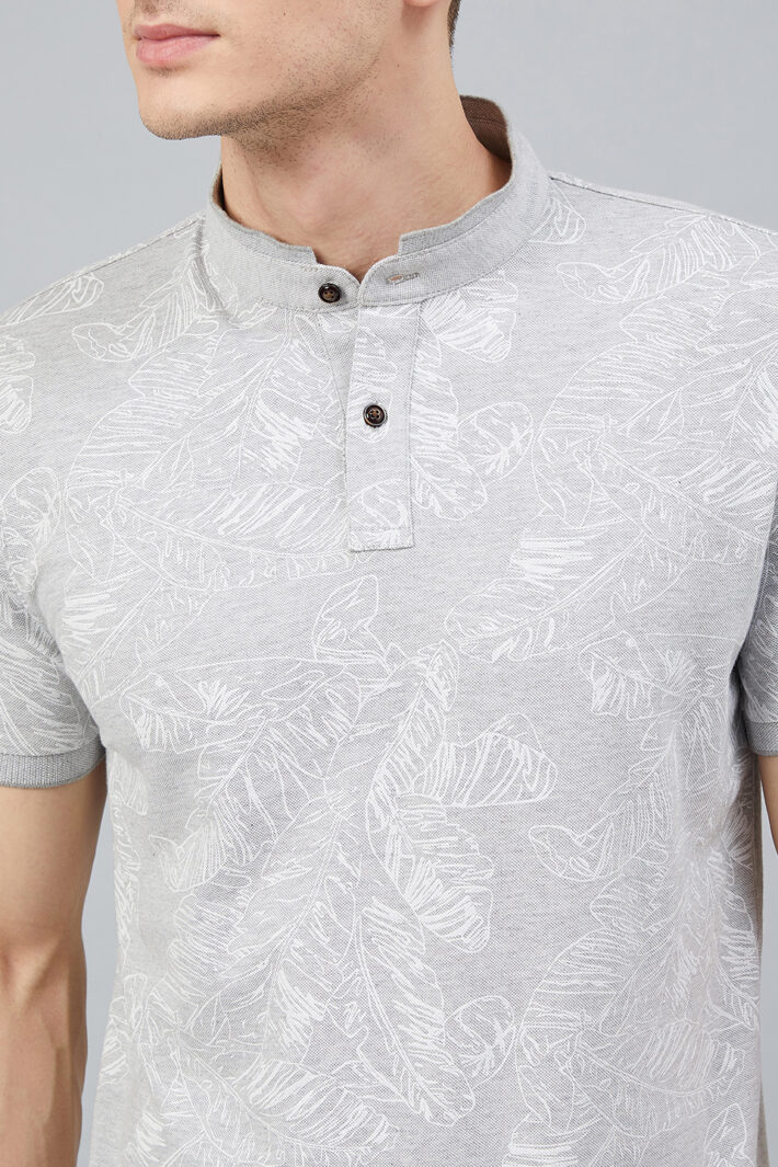 Fahrenheit Palm Leaf Print Stand-Up Collar Polo Shirt