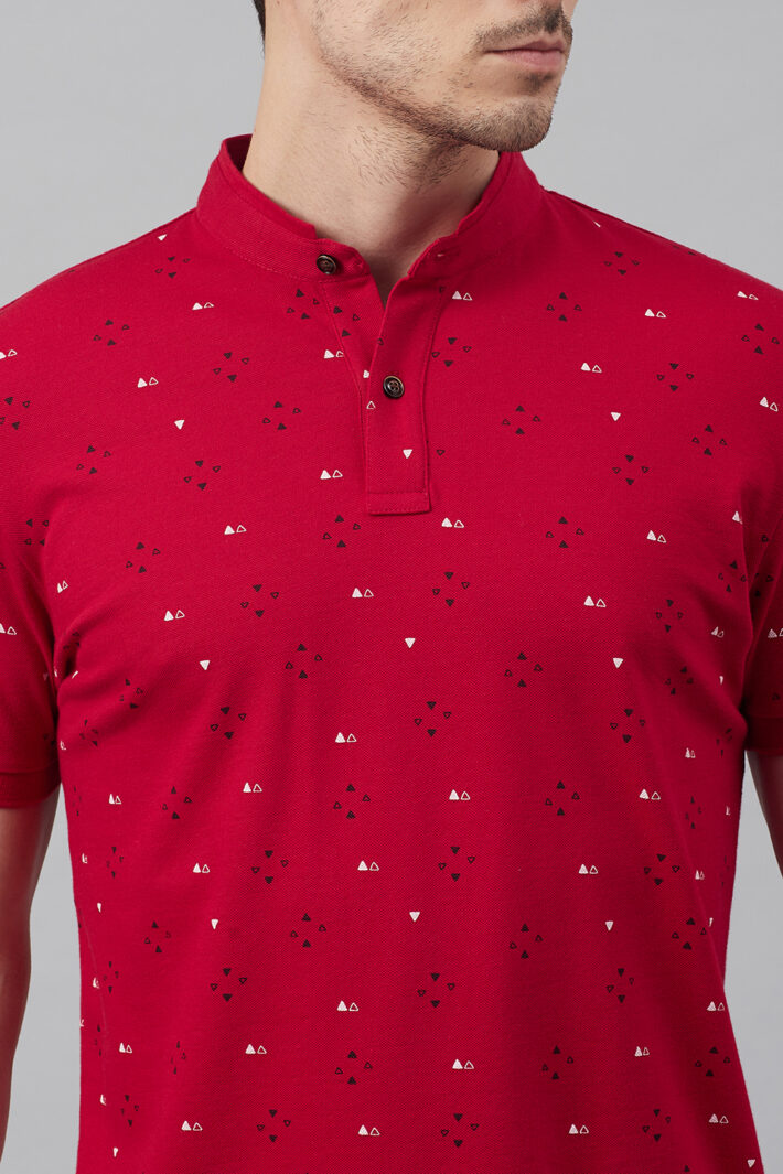 Fahrenheit Geometric Print Stand-Up Collar Polo Shirt Red