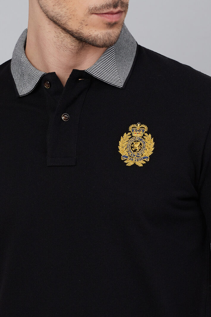 Fahrenheit Solid Polo With Jacquard Collar Black