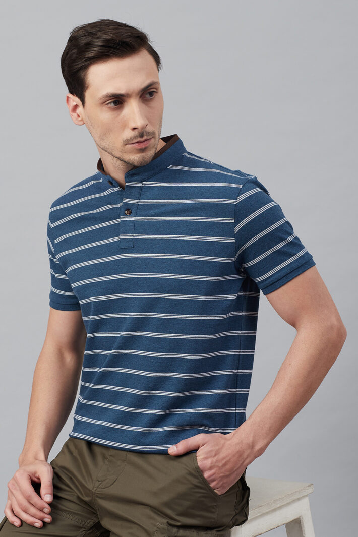 Fahrenheit Multi Feeder Stripes Stand-Up Collar Polo Shirt