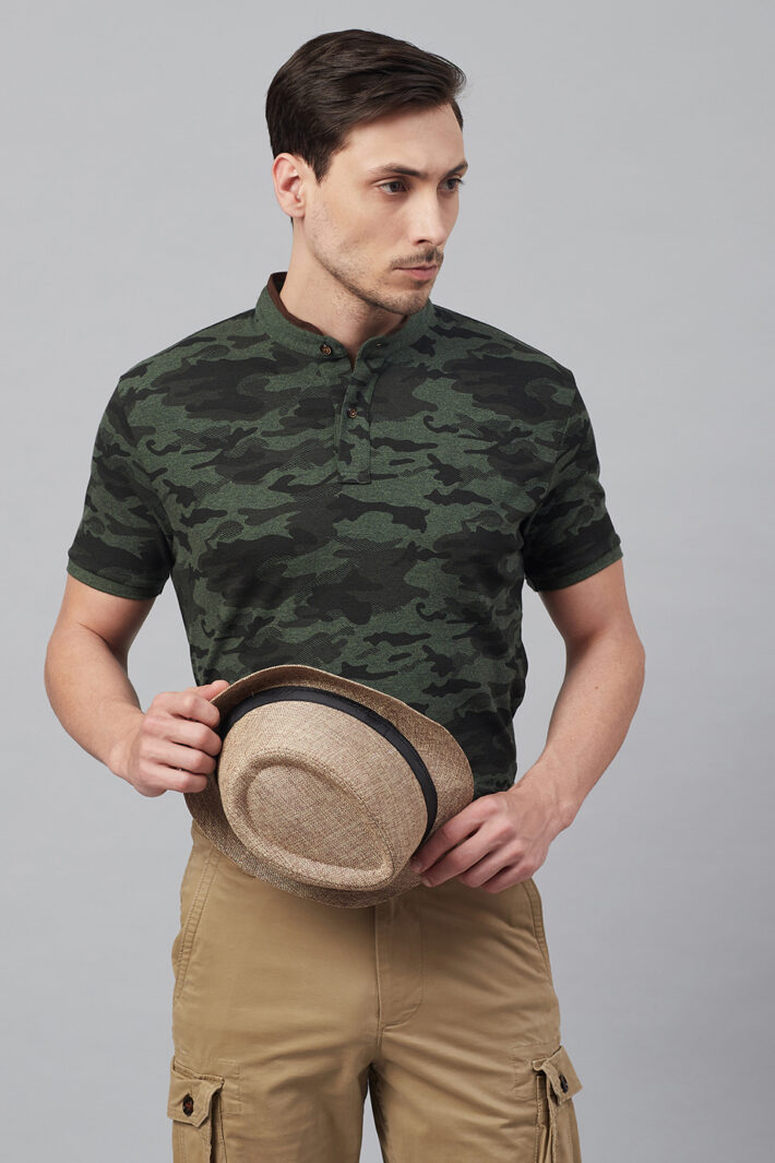 Fahrenheit Military Camouflage Print Stand-Up Collar Polo Shirt