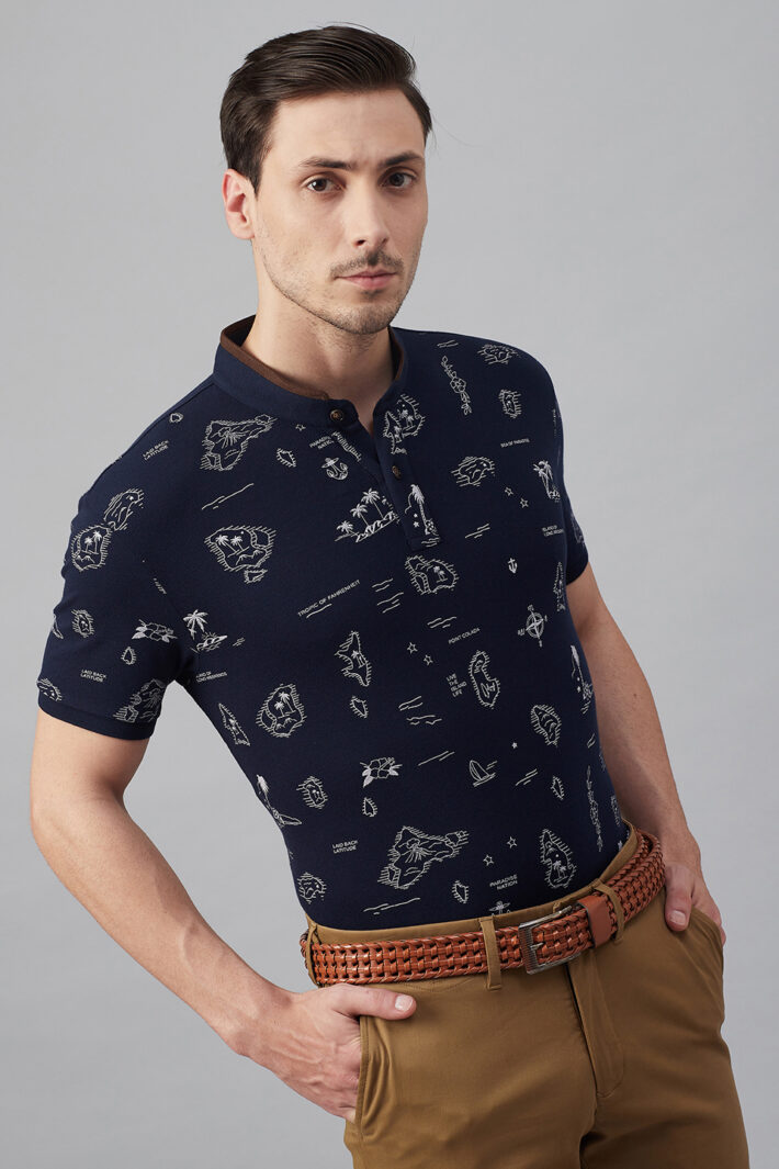 Fahrenheit Tropical Scenic Drive Print Stand-Up Collar Polo Shirt