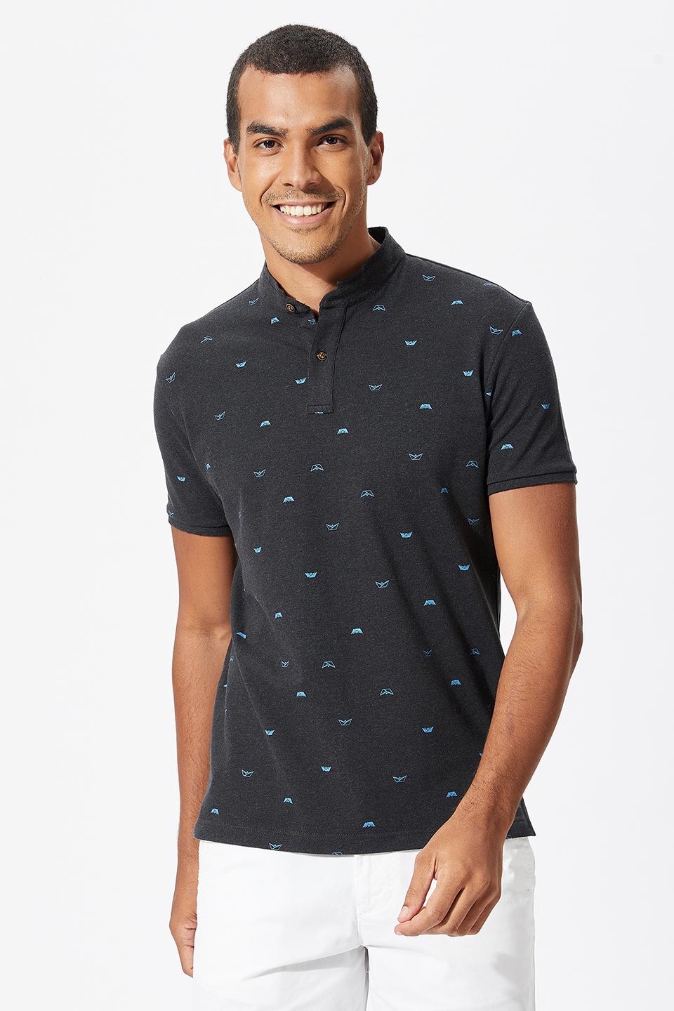 Boat Print Stand-Up Collar Polo Shirt – Fahrenheit