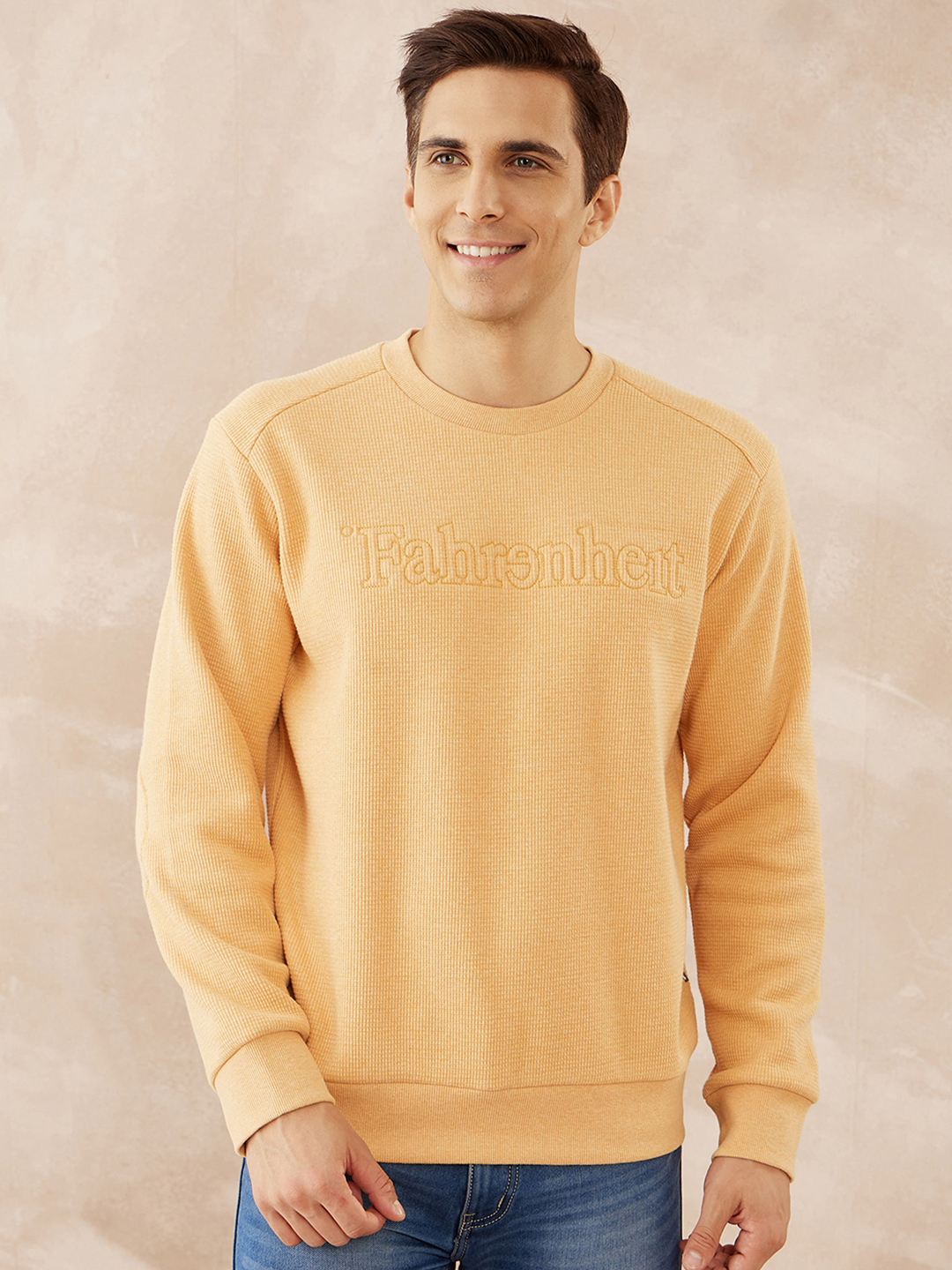 Waffle-Knit Round Neck Sweatshirt
