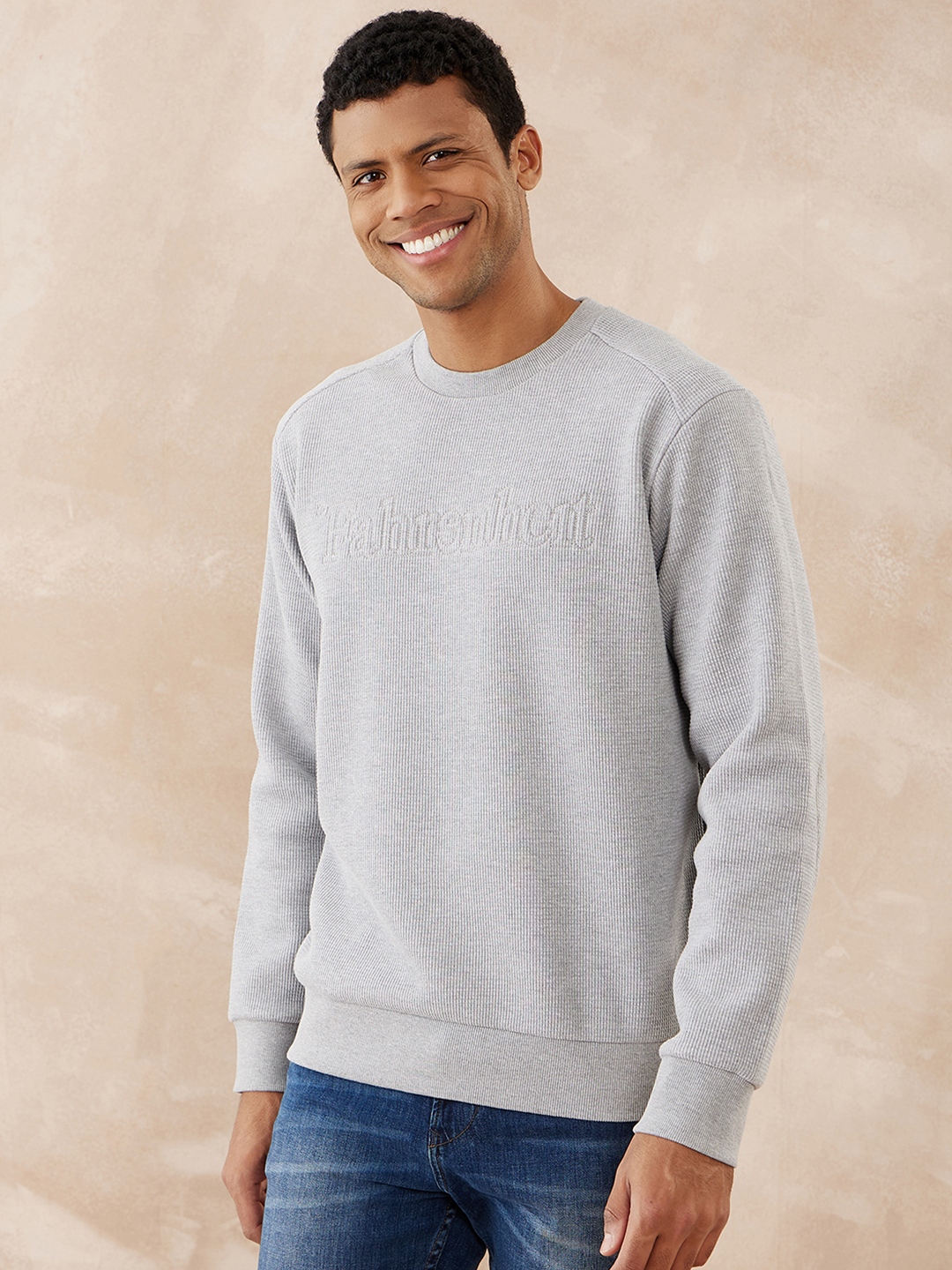 Waffle-Knit Round Neck Sweatshirt