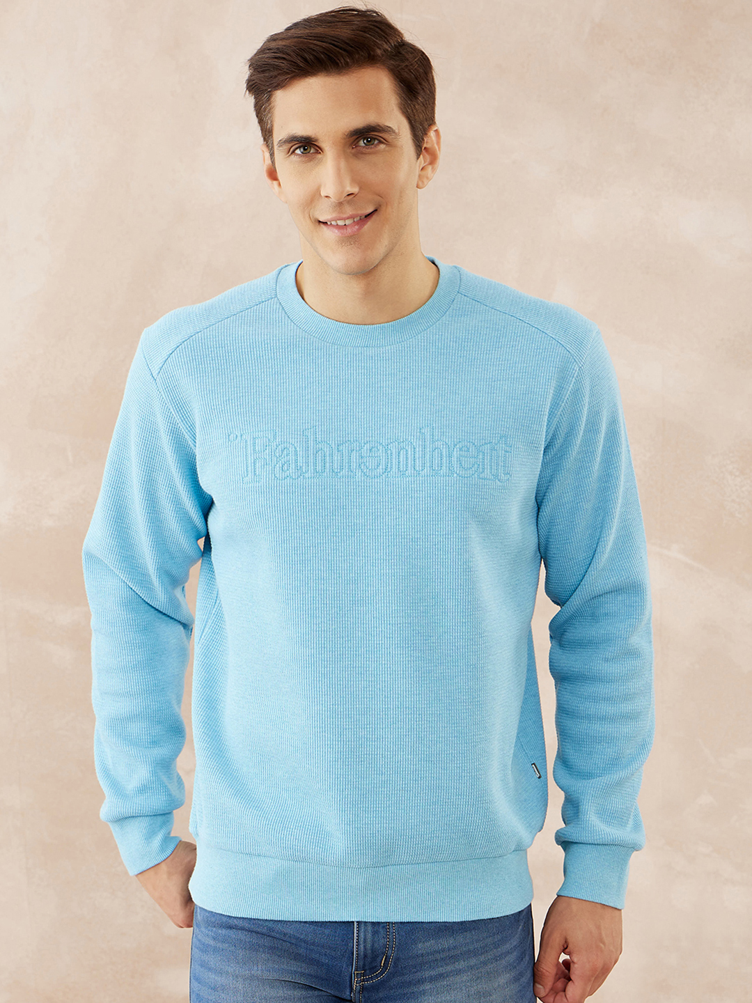 Blue Waffle Knit Round Neck Sweater